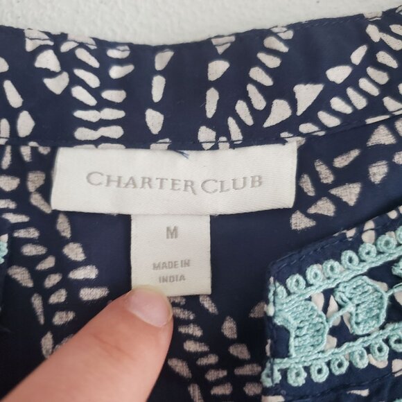 Charter Club Womens Blue Embroidered Blouse Size M 3/4 Sleeve V Neck Preppy - Picture 3 of 8